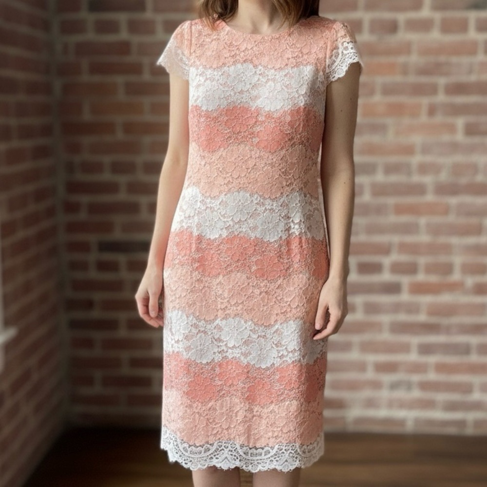ERIN erin fetherston Coral White Striped Lace Dress Size 12 Cap Sleeve Cocktail